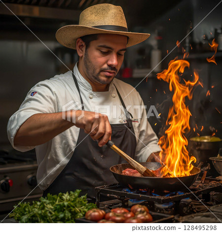 Charm in cooking. A chef in a professional kitchen, wearing a white chef's jacket and a black apron, skillfully processes a piece of meat in a frying pan.  128495298