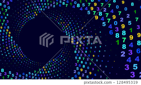 Colorful numbers swirling in a spiral pattern on a dark blue background. Colorful numbers swirling in a spiral pattern on a dark blue background. 128495319
