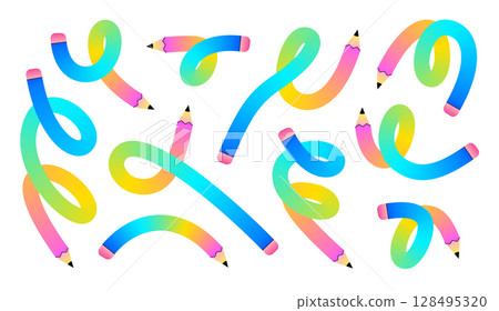 Set of colorful, flexible pencils bent into various abstract shapes on a white background. 128495320
