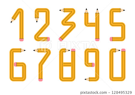 Set of numbers formed by yellow pencils with pink erasers on a white background. 128495329