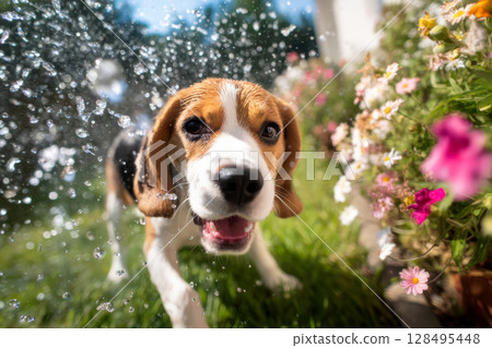 Beagle dog and flowers in the grass garden 128495448