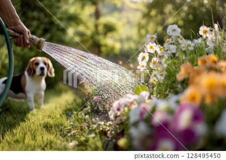 比格犬和草坪花園裡的花 比格犬和草坪花園裡的花 128495450
