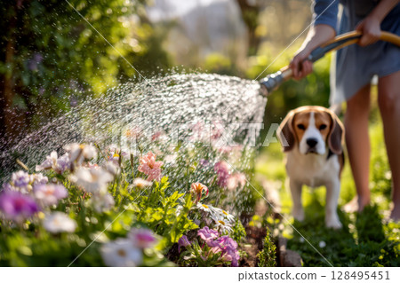 Beagle dog and flowers in the grass garden 128495451