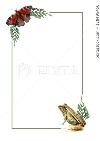Watercolor vertical frame with frog, butterfly and leaves on white background Watercolor vertical frame with frog, butterfly and leaves on white background 128495456