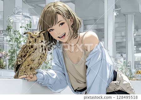 貓頭鷹咖啡館 一位女士與貓頭鷹玩耍的插圖 128495518