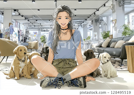 狗狗咖啡館——一位微笑的女人與狗狗互動的插圖 狗狗咖啡館——一位微笑的女人與狗狗互動的插圖 128495519