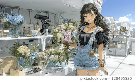 花店女店員製作花束的插畫素材 128495520