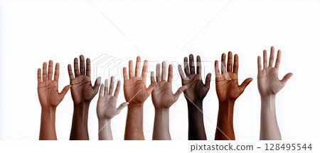 Multicultural hands raised up illustration of inclusive diversity, humanity unity Multicultural hands raised up illustration of inclusive diversity, humanity unity 128495544