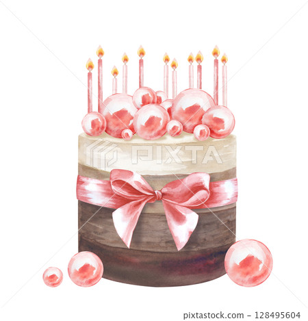 The birthday cake with pink decor, lighted candles and a ribbon is hand-drawn. The watercolor illustration is isolated on a white background. A template for postcards and invitations. The birthday cake with pink decor, lighted candles and a ribbon is hand-drawn. The watercolor illustration is isolated on a white background. A template for postcards and invitations. 128495604
