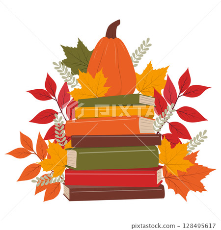 Books stack with pumpkin and autumn leaves.  128495617