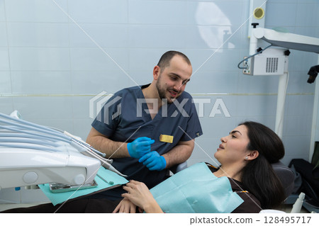 A Dentist Engaging with a Patient in a Modern Clinic, Demonstrating Compassion and Professionalism During a Dental Check-up Session, Inspiring Confidence in Dental Health Care 128495717