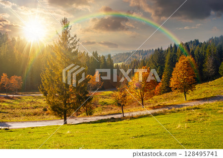 countryside mountain landscape in autumn at sunset. rural road winding through valley among field and trees on the hill. scenic vista in fall season for travel and outdoor adventure in evening light 128495741