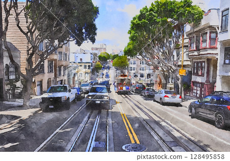 View from a cable car on the Powell-Hyde Line in San Francisco (AI generated from original image) 128495858