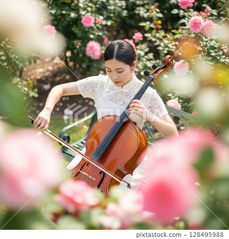 身穿白色中式長裙的女子在盛開的玫瑰園中拉大提琴。美麗、美麗、純潔 身穿白色中式長裙的女子在盛開的玫瑰園中拉大提琴。美麗、美麗、純潔 128495988