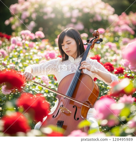 身穿白色中式長裙的女子在盛開的玫瑰園中拉大提琴。美麗、美麗、純潔 128495989
