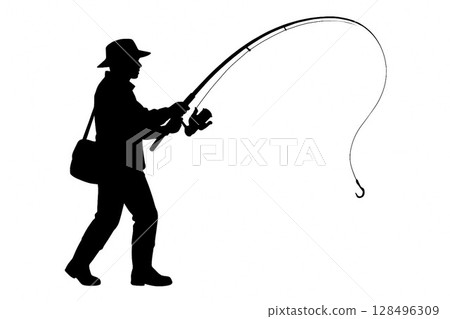 Silhouette of an angler enjoying fishing Silhouette of an angler enjoying fishing 128496309