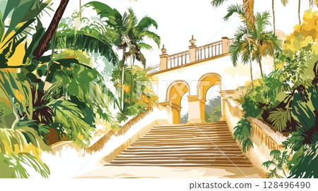 Lapa Arches and Selaron Steps. Lapa Arches and Selaron Steps hand drawn watercolor illustration 128496490