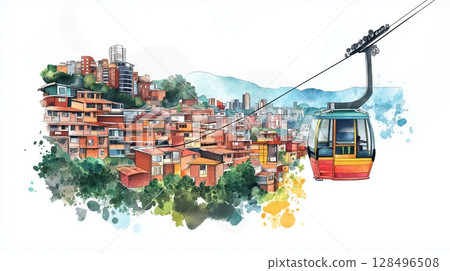 Medellin Comuna 13 and Cable Cars. Medellin Comuna 13 and Cable Cars hand drawn watercolor illustration 128496508