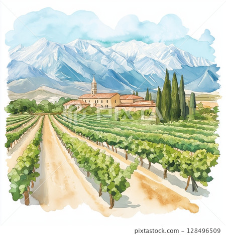 Mendoza Wine Region. Mendoza Wine Region hand drawn watercolor illustration Mendoza Wine Region. Mendoza Wine Region hand drawn watercolor illustration 128496509