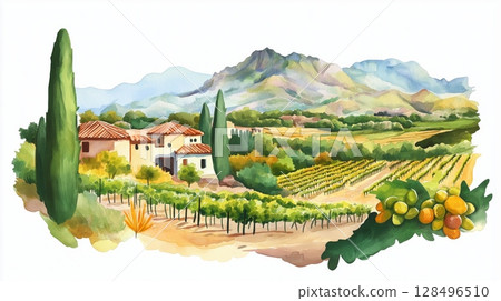 Mendoza Wine Region. Mendoza Wine Region hand drawn watercolor illustration Mendoza Wine Region. Mendoza Wine Region hand drawn watercolor illustration 128496510