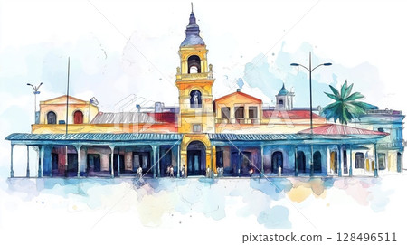 Mercado del Puerto. Mercado del Puerto hand drawn watercolor illustration 128496511