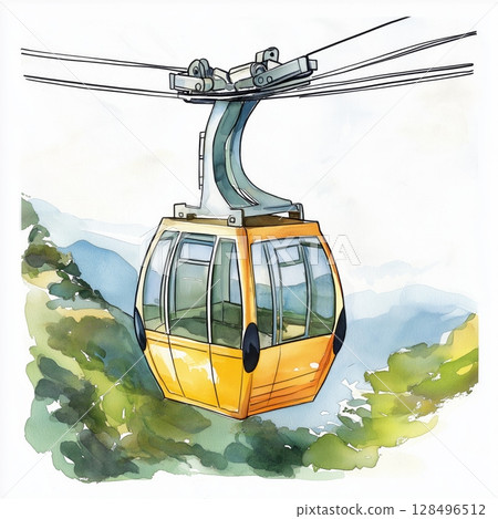 Merida Cable Car. Merida Cable Car hand drawn watercolor illustration Merida Cable Car. Merida Cable Car hand drawn watercolor illustration 128496512