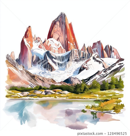 Mount Fitz Roy. Mount Fitz Roy hand drawn watercolor illustration Mount Fitz Roy. Mount Fitz Roy hand drawn watercolor illustration 128496525