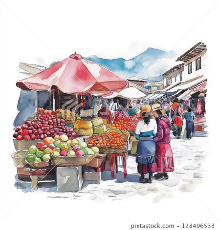 Otavalo Market. Otavalo Market hand drawn watercolor illustration Otavalo Market. Otavalo Market hand drawn watercolor illustration 128496533