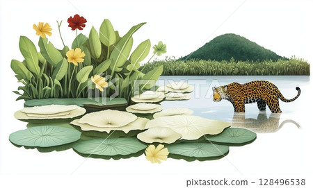 Pantanal Wetlands - Mato Grosso. Pantanal Wetlands - Mato Grosso hand drawn watercolor illustration 128496538
