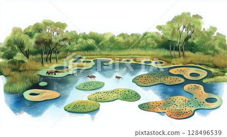 Pantanal Wetlands - Mato Grosso. Pantanal Wetlands - Mato Grosso hand drawn watercolor illustration 128496539