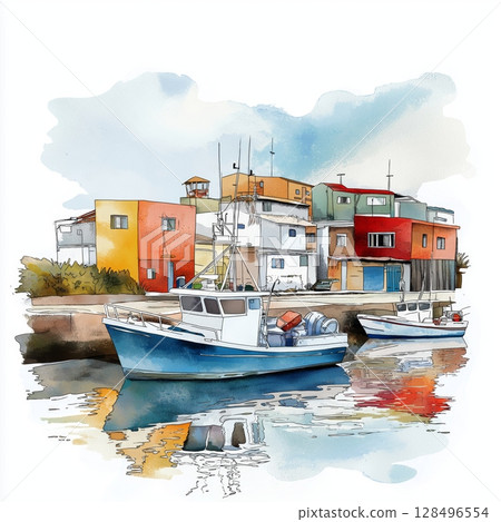 Puerto Madryn. Puerto Madryn hand drawn watercolor illustration 128496554