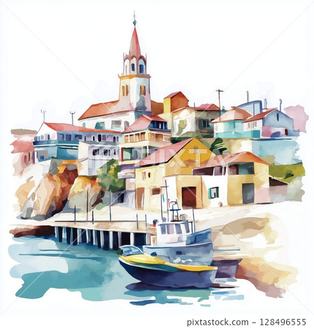 Puerto Madryn. Puerto Madryn hand drawn watercolor illustration 128496555