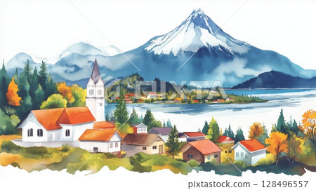 Puerto Varas. Puerto Varas hand drawn watercolor illustration 128496557