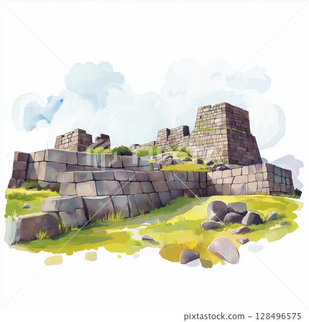 Sacsayhuaman Fortress. Sacsayhuaman Fortress hand drawn watercolor illustration Sacsayhuaman Fortress. Sacsayhuaman Fortress hand drawn watercolor illustration 128496575