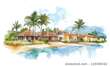 Salinas beach resort. Salinas beach resort hand drawn watercolor illustration 128496582