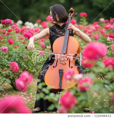 A passionate woman holding a cello surrounded by red roses A woman in a chic black Chinese dress 128496632