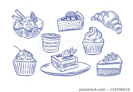 Hand draw cakes vector illustration. Doodle ice cream, muffin, croissant, cheesecake, cupcake set. Fresh bakery, sweet dessert in sketch style 128496658