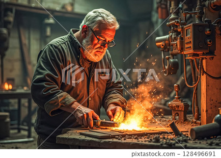 worker who is passionate about the work process. An older man with grey hair and glasses works in a dimly lit workshop. 128496691