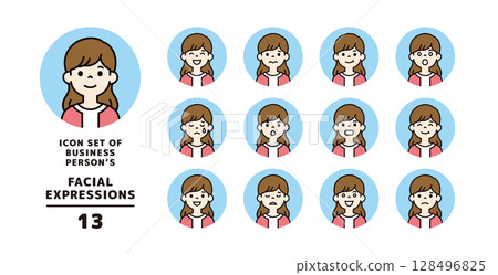 Simple icon set of various facial expressions of young women_Circular_Vector_Color 128496825