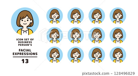 穿著休閒服的年輕女性的各種面部表情圖示集_Circular_Vector_Color 128496829