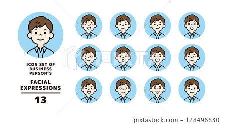 佩戴員工身分證的年輕男子的各種面部表情圖示集_圓形_向量_顏色 128496830
