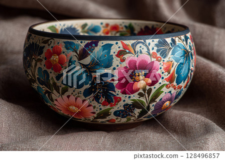 Hand painted ceramic bowl decorated with floral motifs 128496857