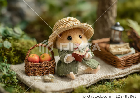 Hamster sits on blanket reading a book with a basket of apples nearby 128496865