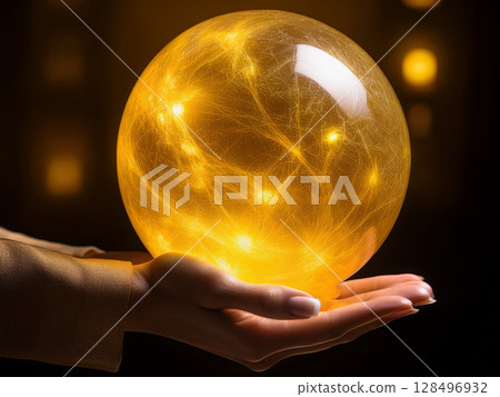 Abstract yellow sphere floating in the palm of your hand Abstract yellow sphere floating in the palm of your hand 128496932