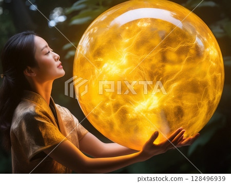 Abstract yellow sphere floating in the palm of your hand 128496939