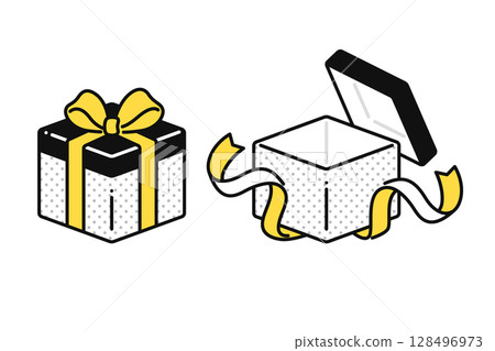Illustration set of a gift with an untied ribbon and an open lid 128496973