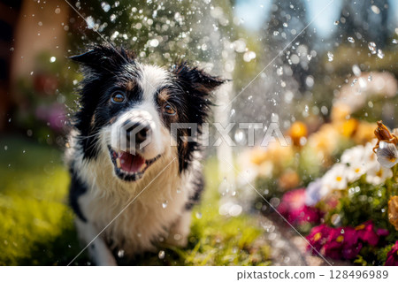 邊境牧羊犬和花園裡的花 邊境牧羊犬和花園裡的花 128496989