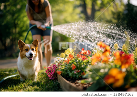 柯基犬和花園裡的花 128497162