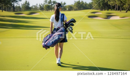 Back view of a girl carrying a caddy bag and walking along a golf course 128497164