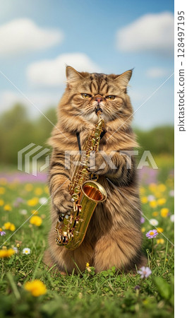 A unique and funny AI-generated illustration of a cat playing the saxophone outdoors A unique and funny AI-generated illustration of a cat playing the saxophone outdoors 128497195